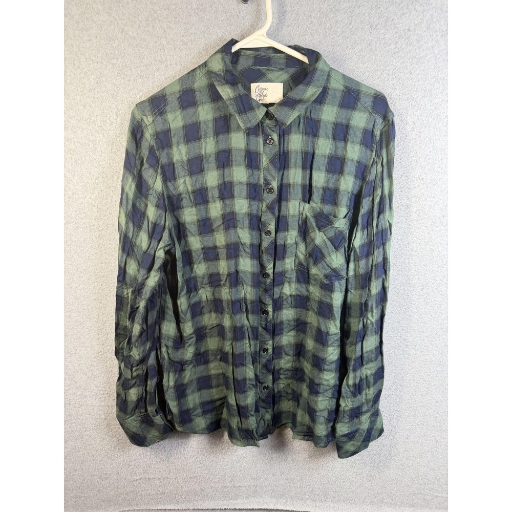 Cosmic Blue Love Shirt Men's Medium Blue Green Plaid Button Up Rayon Top
